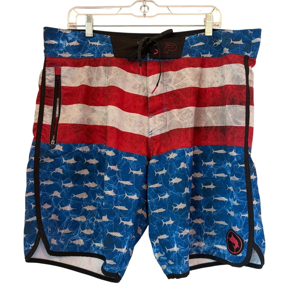 Pelagic The Wedge Boardshorts Mens 38 Patriotic American Flag Marlin Fishing XL